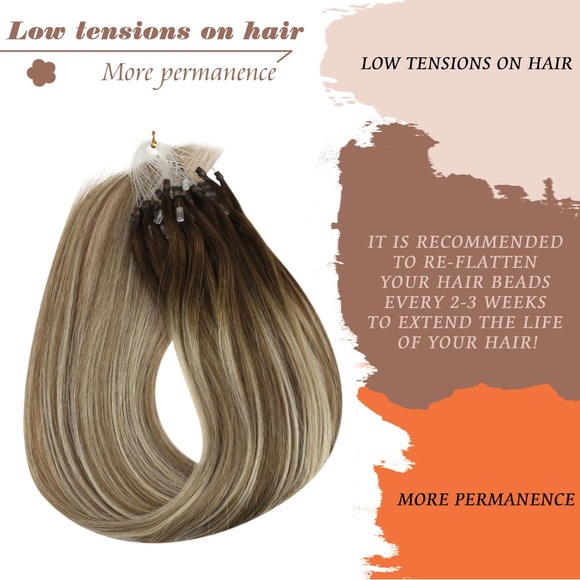 HUMAN HAIR Micro Bead Extensions Light Brown Balayage Ash Brown w/ Highlights - Picture 6 of 12